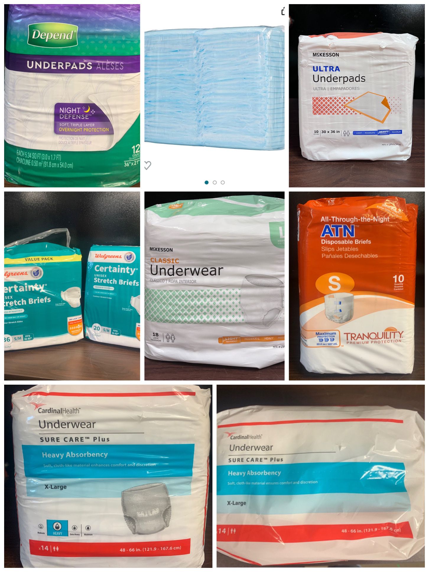 Incontinence, Disposable Briefs, Disposable Underwear Adult Diapers .50 per piece XL. See individual pics for price and info. 