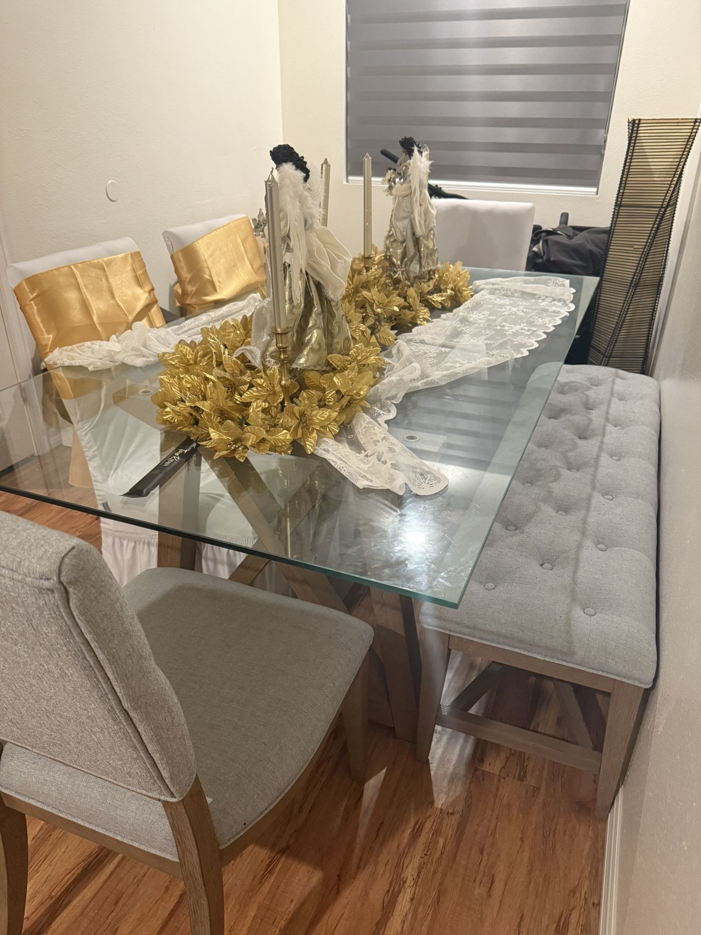Glass Dining Table With Bench & Chairs
