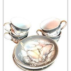 4 Dragonware Moriage Teacups & Saucers