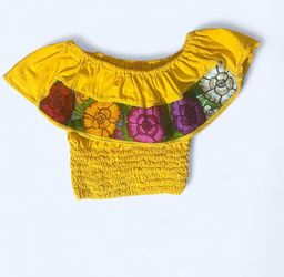 Yellow Floral Embroidered Off Shoulder Smocked Crop Top
