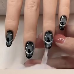 24-pcs. Black Cat Medium Press-On Nails