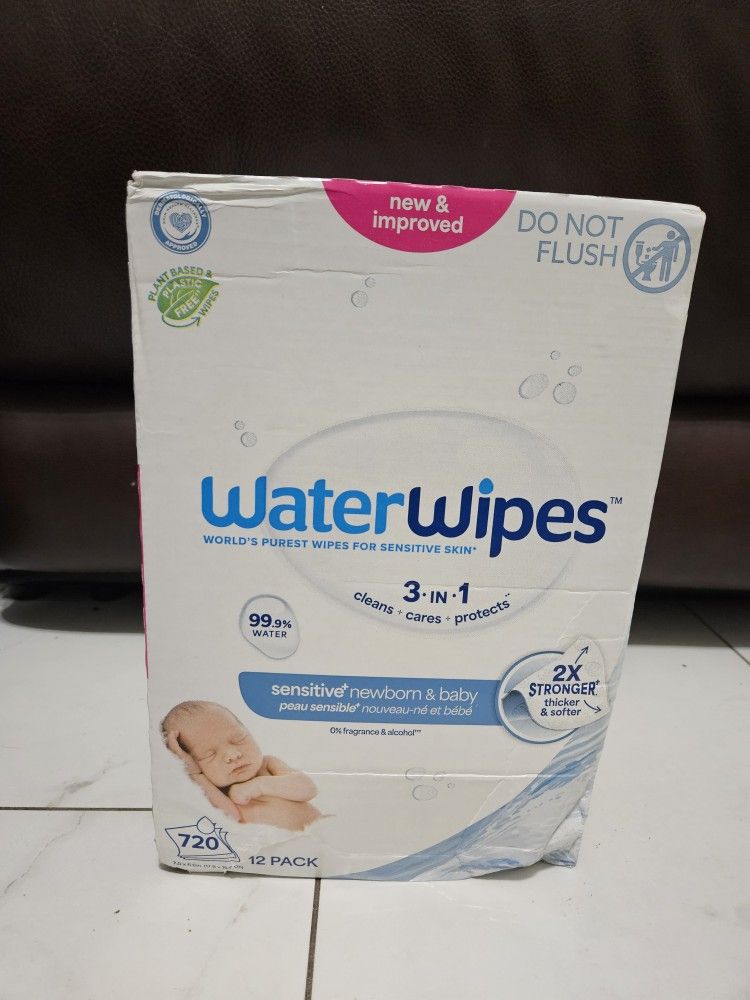 WaterWipes Sensitive+ Newborn & Baby Wipes, 3-In-1 Cleans, Cares, Protects, 99.9% Water, Unscented & Hypoallergenic, 720 Count (12 Packs)