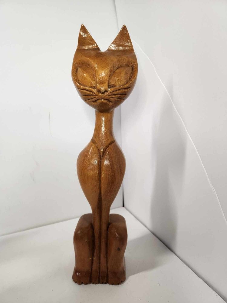 Vintage Carved Monkey Pod Wood Cat Statue Phillipines MCM Mid Century Modern