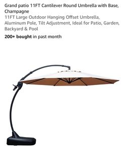 Grand patio 11FT Cantilever Round Umbrella with Base, Champagne 11FT Large Outdoor Hanging Offset Umbrella, Aluminum Pole, Tilt Adjustment, Ideal for 