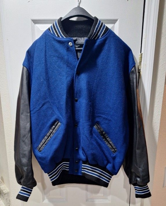 LEADER VARSITY JACKET BLUE WITH BLACK LEATHER SLEEVES