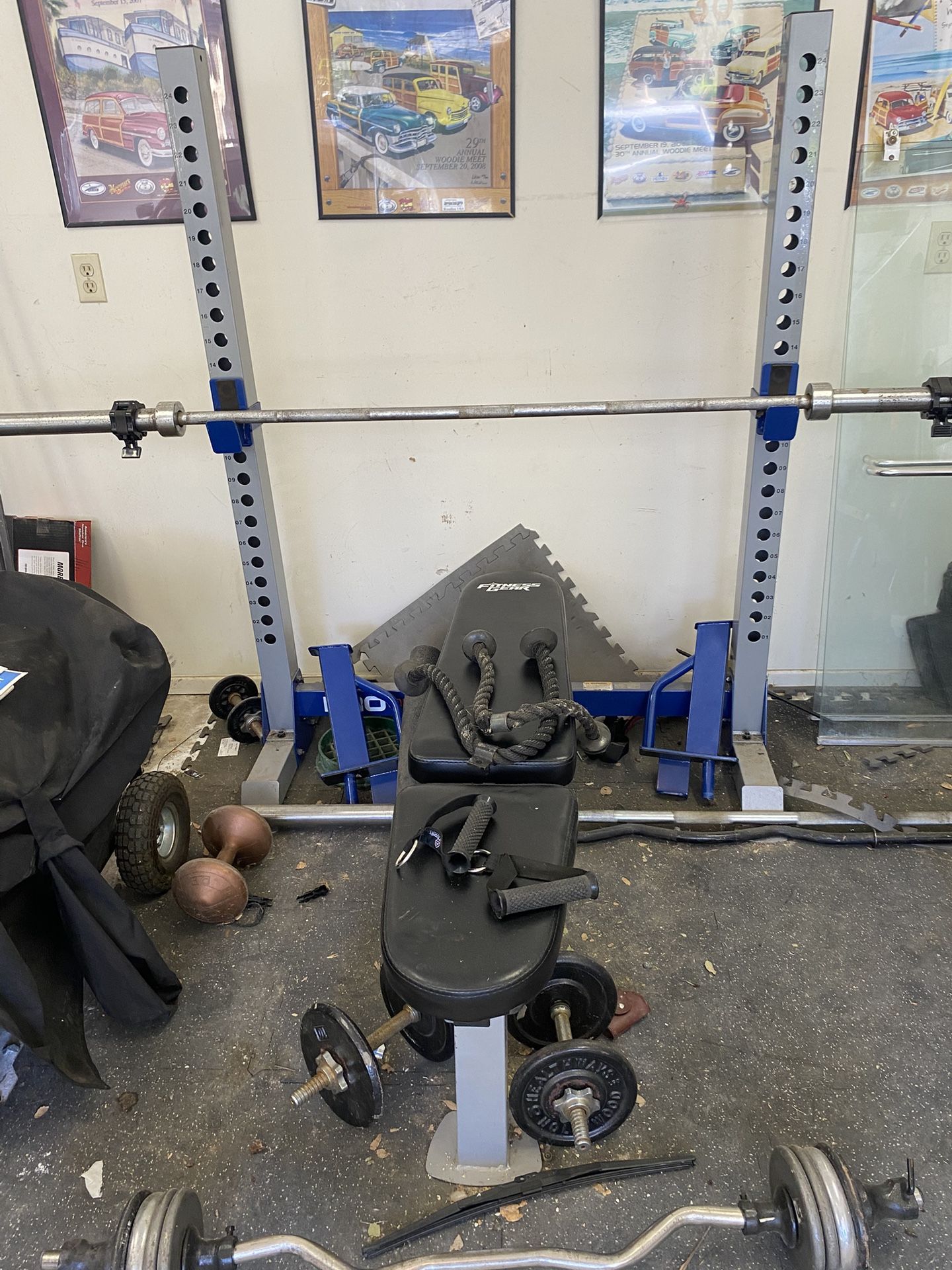 Weight Bench, Lat pull, Plates, Bars