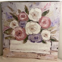 Haley Bush flower basket print art on wood frame RAZ Imports wall hanging print