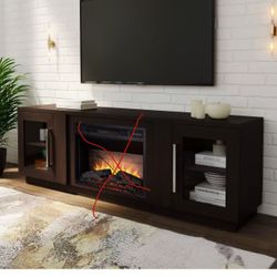 3D Fireplace TV Stand for TVs up to 80’’, Wooden Media Entertainment Center Table & TV Cabinets w/Storage Shelves & Barn Door, Electric Fireplace w/Re