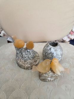 Vintage Hand-Carved Alabaster / Selenite Stone Bird Set - Rare Mid-Century Decor