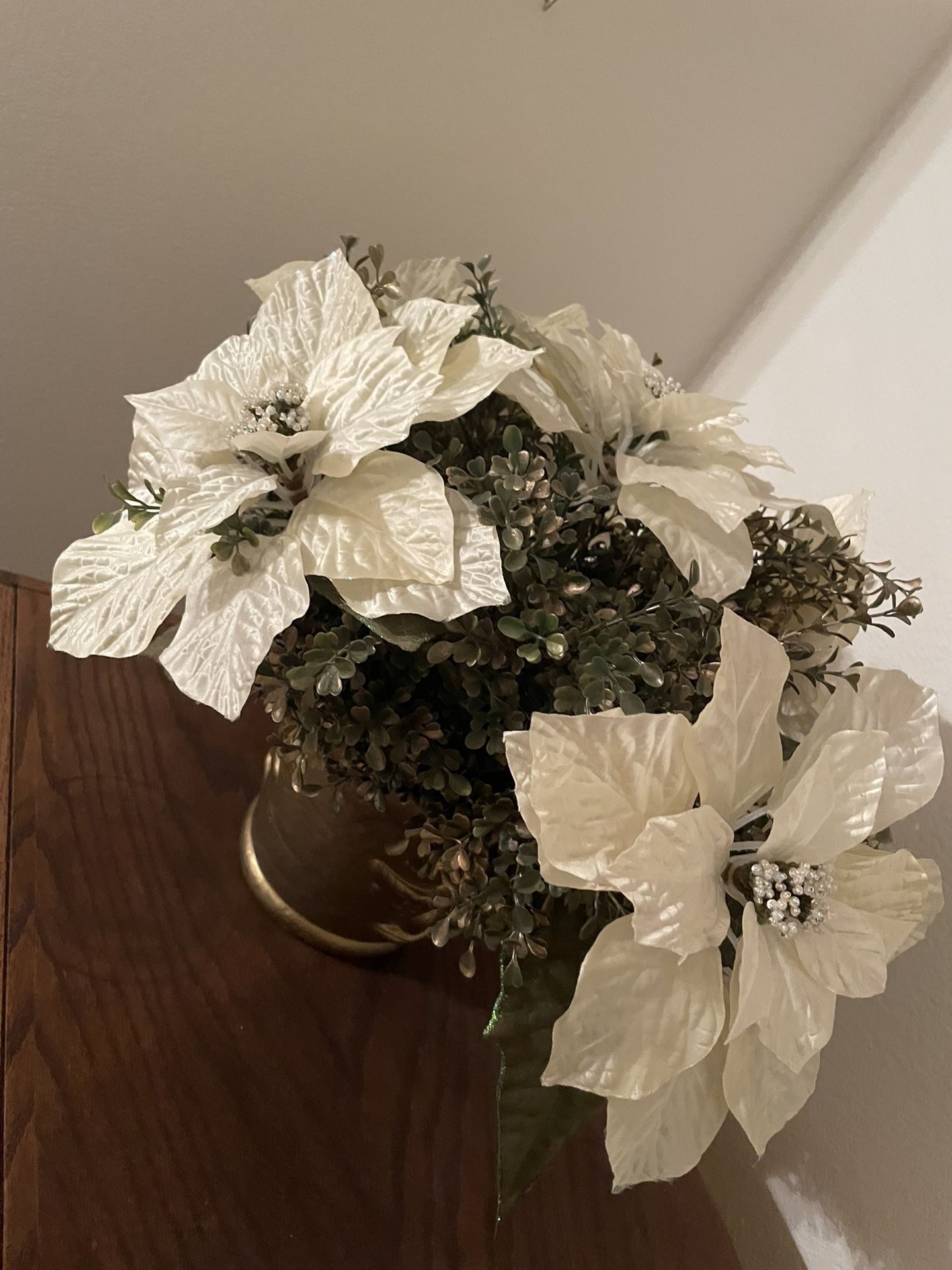 Holiday Decor White Flowers In Gold Pot