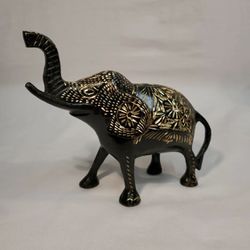 Vintage Cast Iron Black Gold Elephant With Trunk Up Hand Painted Hand Carved