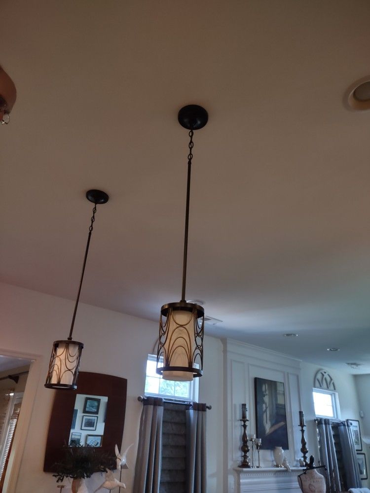 Set of 2 Kitchen Pendant Lights Oil Rubbed Bronze & Frosted Glass