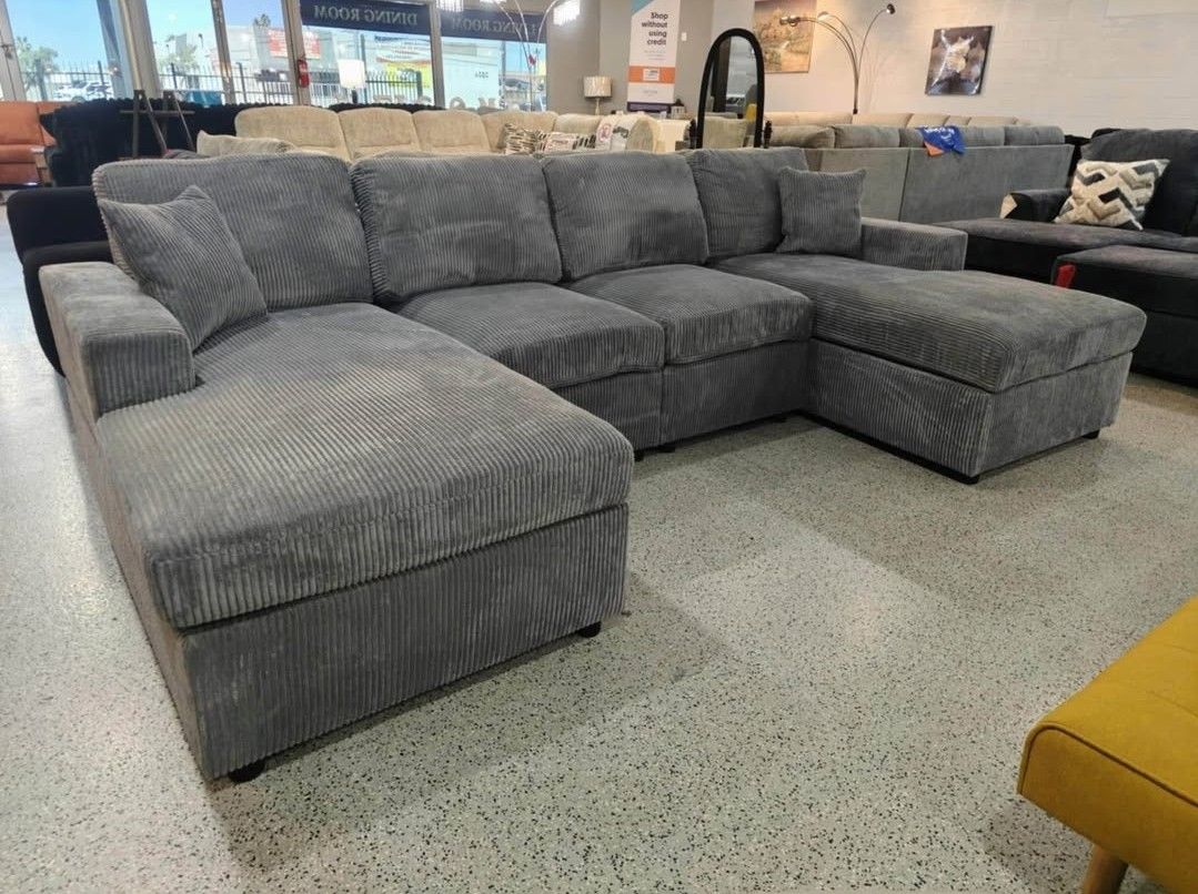 GREY DOUBLE CHAISE SECTIONAL CORDUROY BRAND NEW SAME DAY DELIVERY