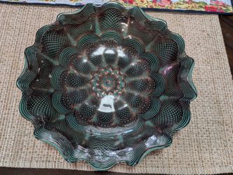 Large Vintage 15” Decorative Pressed Glass Bowl – Teal & Copper