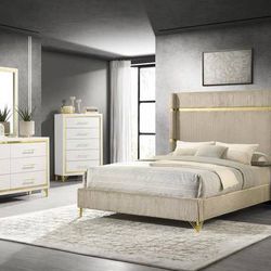 **SALE** Glamorous 5 Piece Queen Bedroom Set In Gold And Beige! 