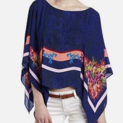 BCBG MaxAzria XS S Kei Scarf Print Poncho Kimono Sleeve Blouse