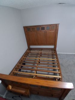 Rustic Solid Wood Queen Bed Frame w/ Built-In Drawers & Slate Tile Accents