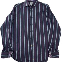Thomas Dean Men’s Purple Blue Striped Floral Long Sleeve Button Up Shirt Size L
