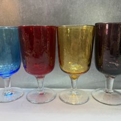 Set of (4) Beautiful Vintage & Rare Hammered Handcrafted Glass Goblets. Thick & Heavy Hammered glass for every day use. 