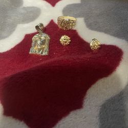 14k earring 2g, nugget ring size 5. 3.5 gram, Jesus head pendant 3g