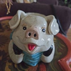 Vintage Handmade Ceramic Clay Pig Plant Pot With Drainage Holes.