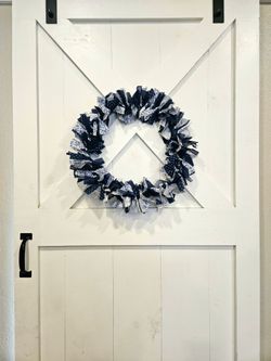 Handmade Navy & White Floral Rag Wreath – 18" Year-Round Farmhouse Door Decor