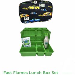 Lunch Box Set with Bento Box & Cover, Water Bottle & Ice Pack | Fast Flames Cars Pattern 