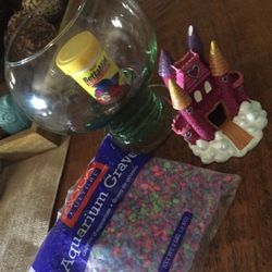 Beta fish bowl - rocks- castle & food