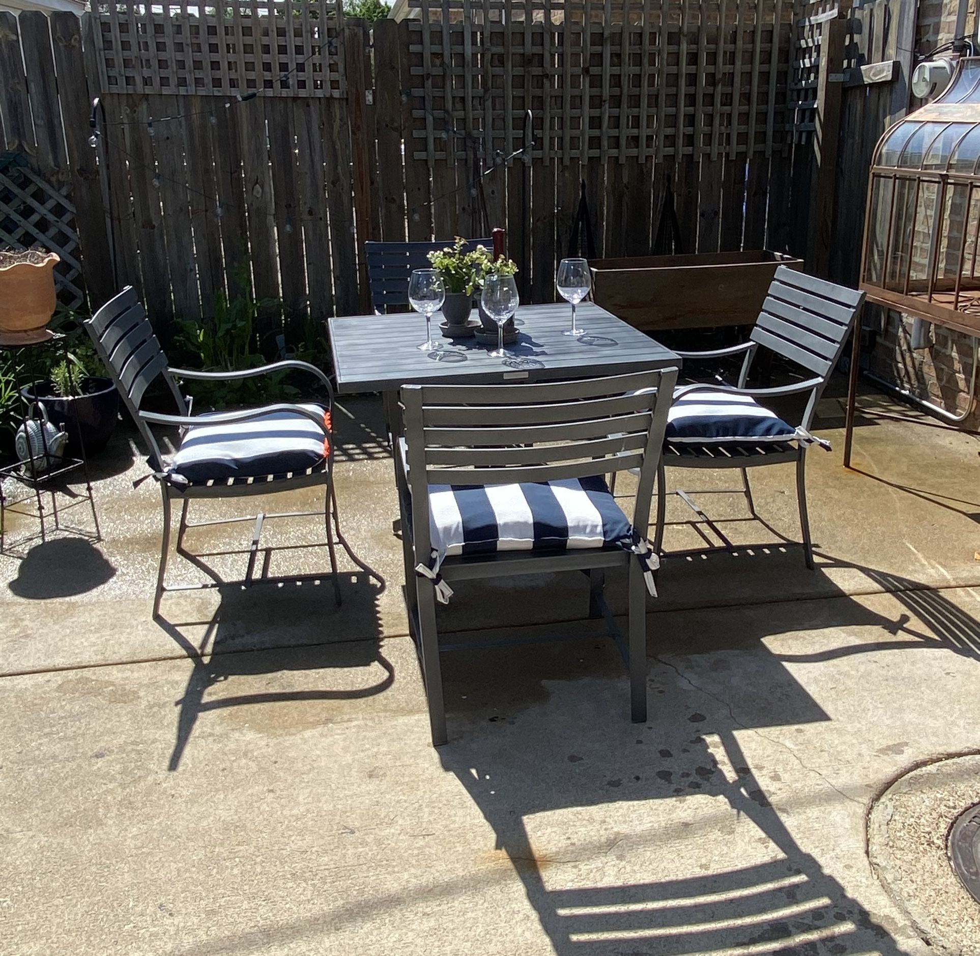 Crate And Barrel Outdoor Patio Lanai Square Fliptop Aluminium Dining Table Chairs And New Outdoor Cushions