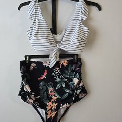 NWT Cocoship 2 Piece Bikini Swimsuit Size 10 Stripe Floral