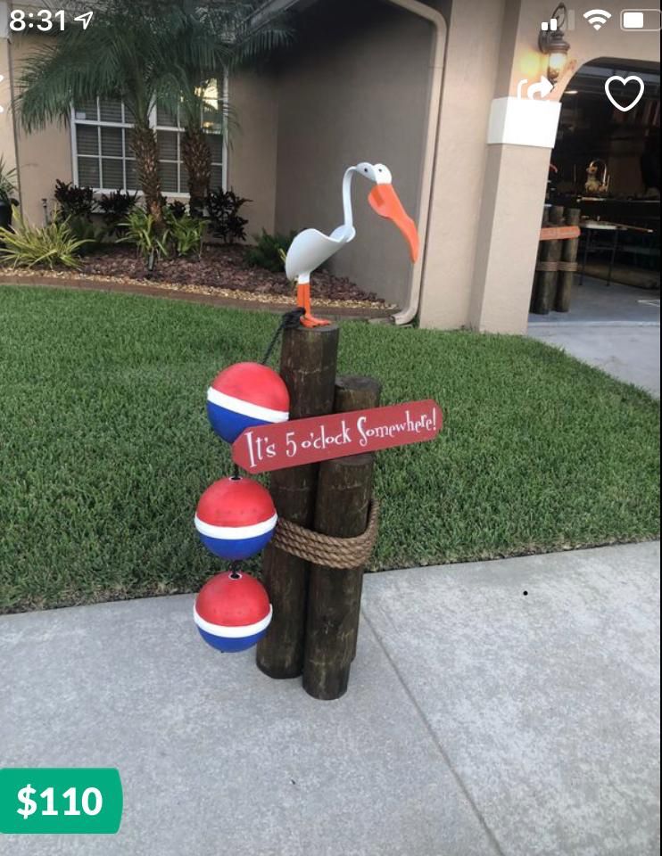 Nautical decoration pillar with bird sign and buoy great for poolside tiki hut bar patio made of Presure treated wood and stained