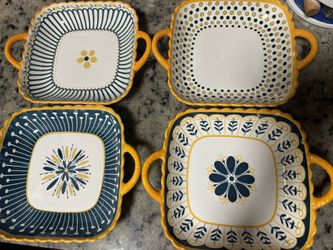 4pcs Multicolor Ceramic Double Ear Square Plate, Flower Pattern, Kitchen Restaurant Serving Supplies, Serving Plate, Sushi Plate, Snack Plate, Kitchen