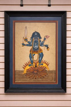 Vintage Hindu Goddess Kali Framed Painting Folk Art Religious Wall Decor Artwork