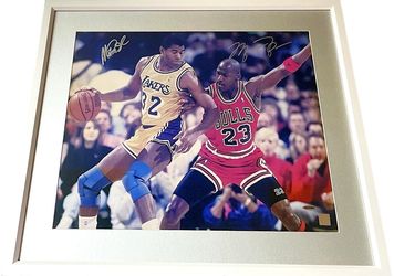 Michael Jordan Magic Johnson autographed 16x20 poster photo framed UDA