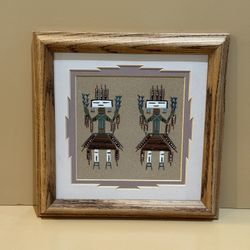 Navajo Vintage Sand Art Painting featuring two Yei-Re-Chois figures by Paul Begay
