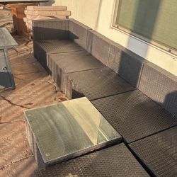Large Outdoor Wicker Patio Sectional Set + Glass Coffee Table