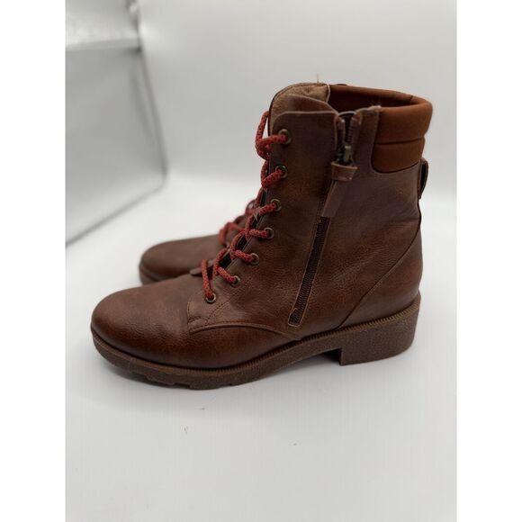 Dr. Scholls Brown Leather Combat Boots with Red Laces Casual Military Style