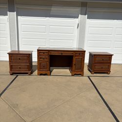 Wood Desk + 2 Matching Nightstands – 3-Piece Set