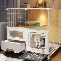 New in box Indoor Cat Cage with Litter Box,Complimentary Cat Bed, Bowl, Double-Layer Cat House Outdoor, Large Cat Enclosure, Small Animal Dog Kennel (