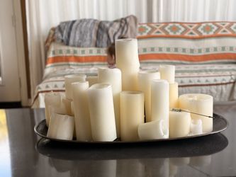 Restoration Hardware 34” Hammered Brass Tray + Pillar Candle Set – Large Statement Piece