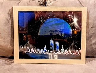 1990s NEW YORK CITY TWIN TOWERS  FUTURISTIC SKYLINE WITH BROOKLYN BRIDGE & CELESTIAL PLANET & STARS TEXTURED PAINTING  RAYS PAINTINGS / RAYMOND MARCUS