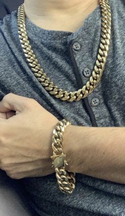 14mm Cuban Link Set 14K Gold Plated Does Not Loses