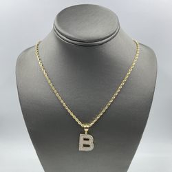 14KT YELLOW GOLD 20” ROPE CHAIN 2.25MM 16.2GR & 10KT YELLOW GOLD INITIAL B CHARM W/ DIAMONDS 1.75CT TDW 5.2GR