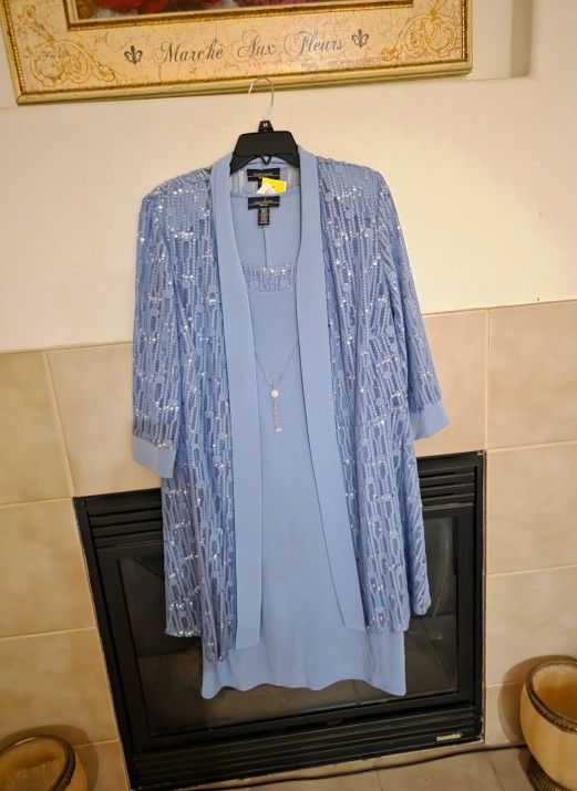 R&M Richards Dusty Blue Sequin 3/4 Sleeve Dress Set Size 20W