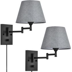 Wall Sconces Set of 2 Swing Arm Wall Lamp with Plug in Cord and Grey Fabric Shade