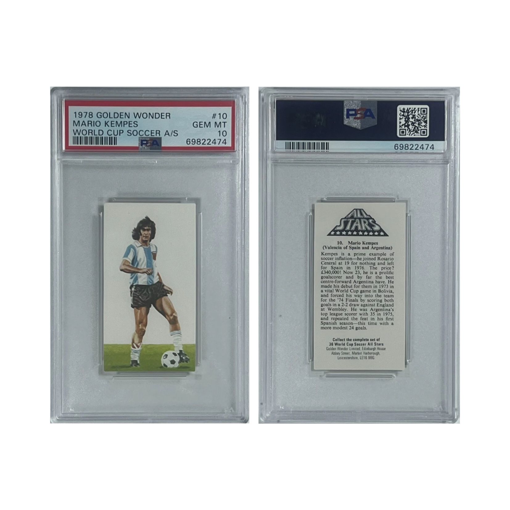 Mario Kempes (HOF) 1978 Golden Wonder World Cup Soccer A/S #10 PSA 10 (GEM MINT) Soccer Card