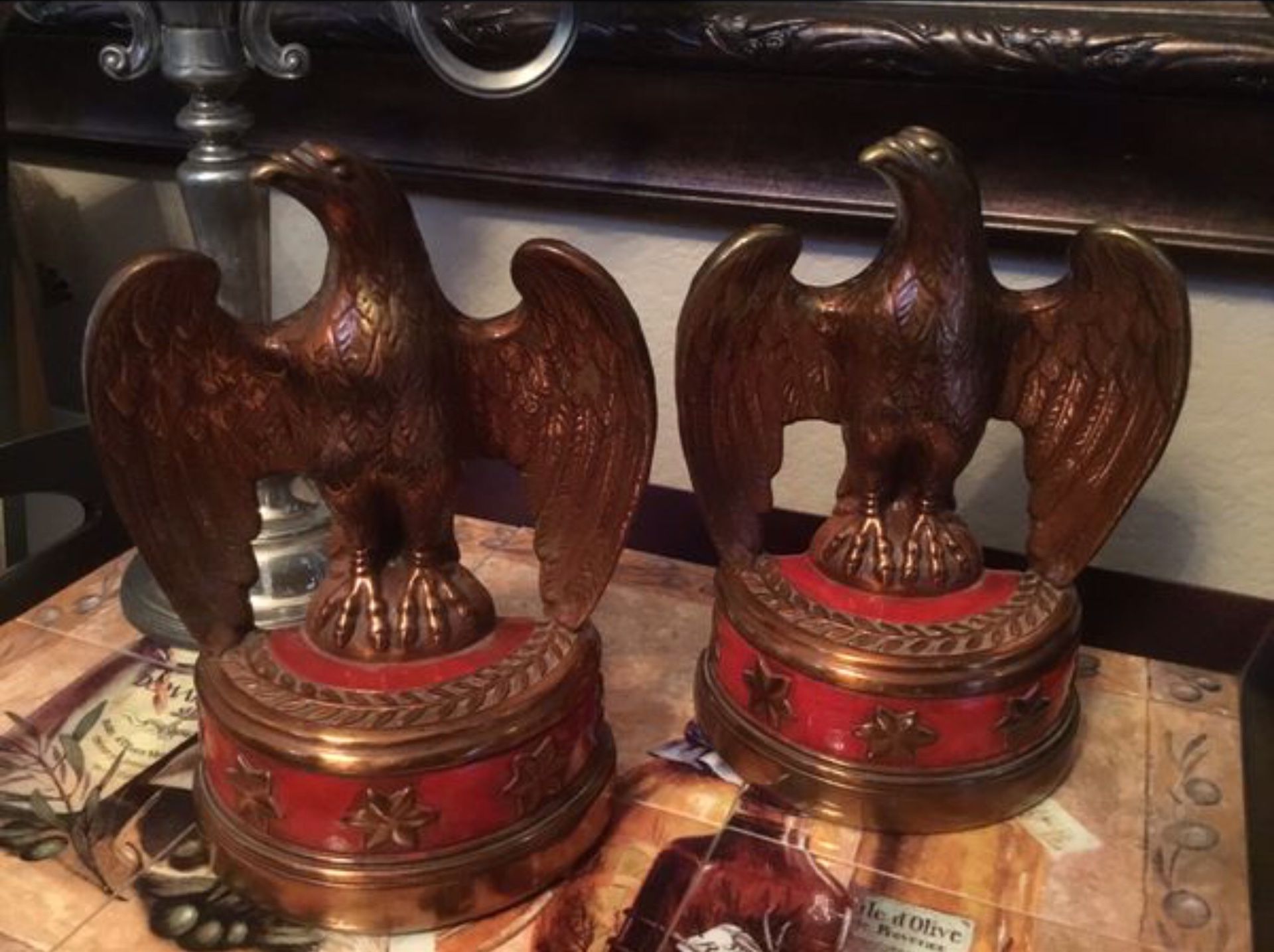 Gorgeous Pair of Heavy Antique Brass Eagle Bookends With Red Enamel Bases With Laurel Leaf Design