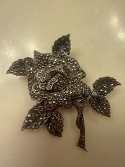 Vintage Sterling Silver Marcasite Rose Brooch Pin