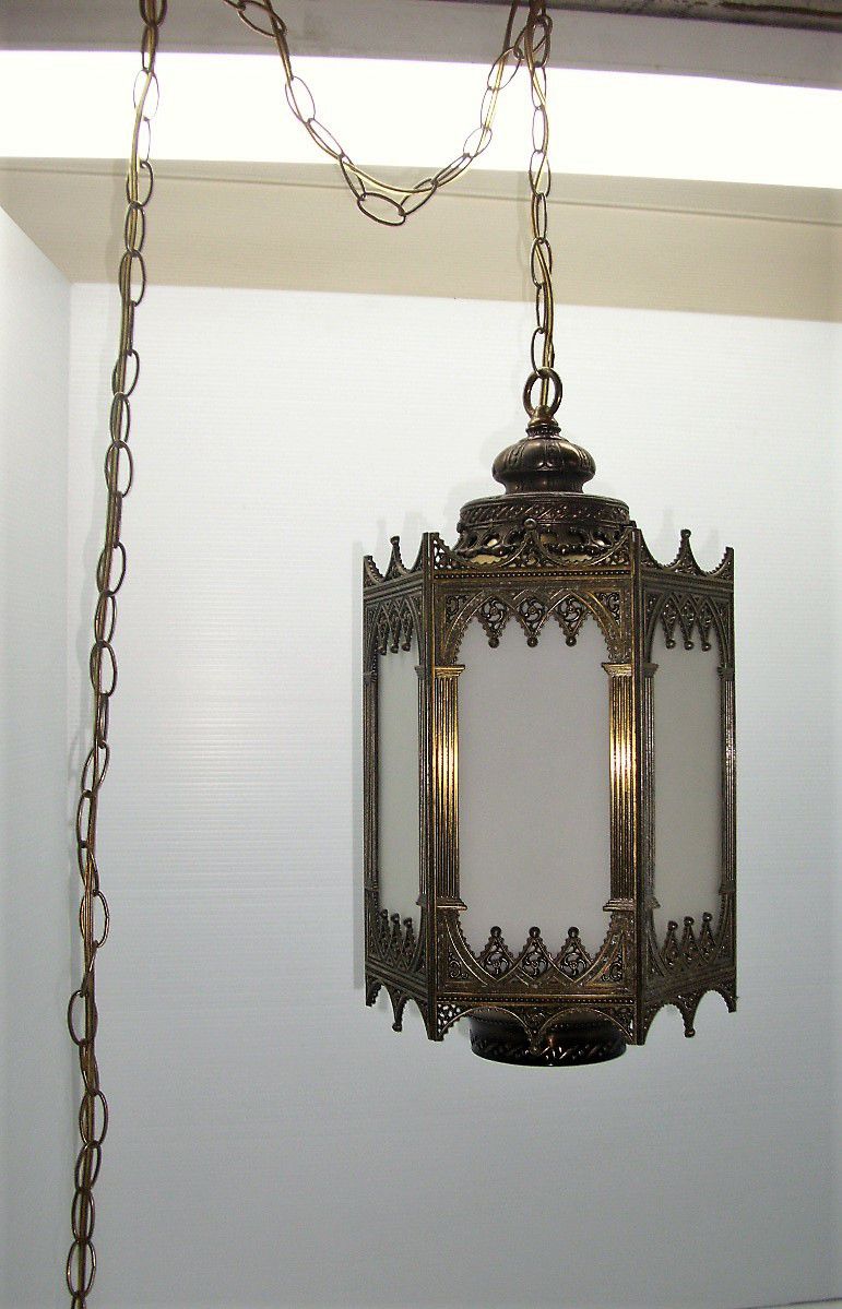 Mid Century Gothic Spanish Tudor Style Hanging Swag Lamp White Glass Panels