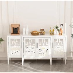 FUFU&GAGA
White Wooden Accent Storage Cabinet, Sideboard, Dresser with 6-Shelves and 4-Mirrored Doors
